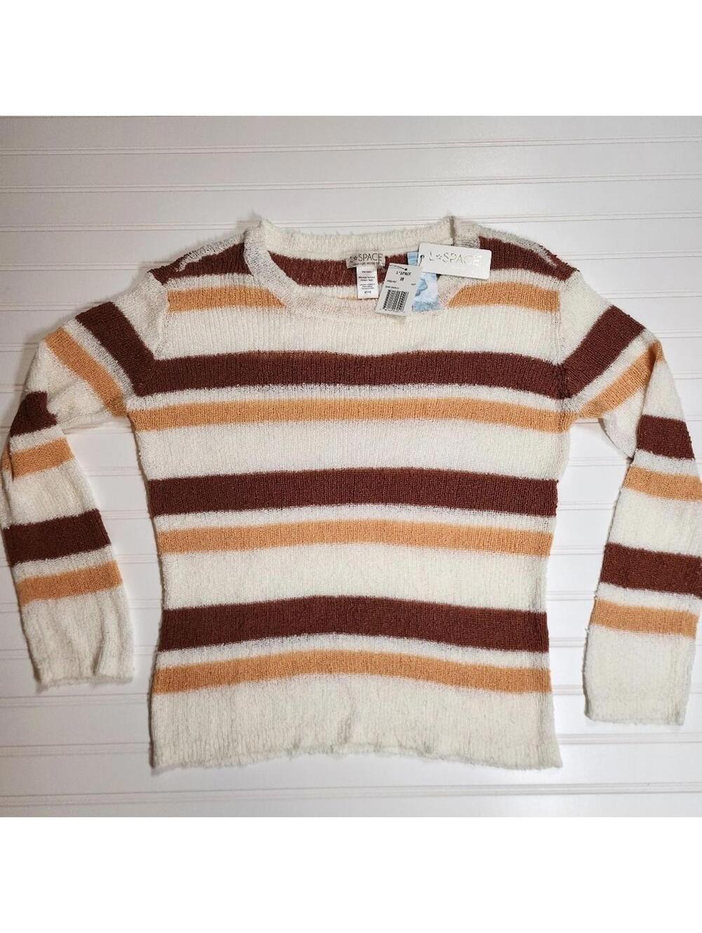 New LSPACE Cozy Striped Fuzzy Sweater Cream Tan White Medium